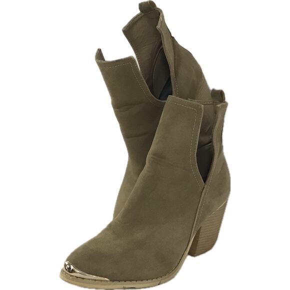 Miim V Cut Tan Block Heel Faux Suede Western Point Toe Ankle Boot Women 9 - Picture 4 of 11